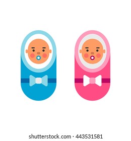 Colored flat vector illustration of baby girl in pink and baby boy in blue. Isolated on white background