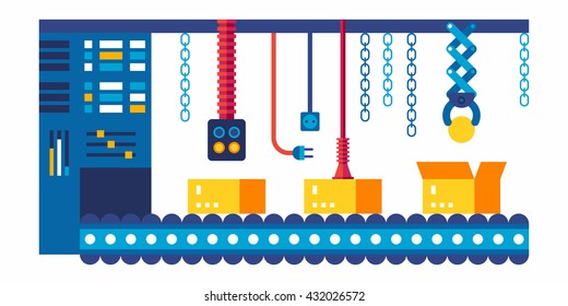 Colored flat vector illustration of conveyor line, mass production with boxes. Isolated on white background