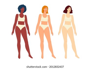 Dibujo vectorial plano de colores de niñas aisladas en fondo blanco. Hermosas chicas en lencería. Diferentes tipos de nacionalidades. Niñas de diferentes razas y colores de piel.