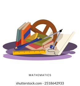 Ilustração vetorial plana colorida isolada no fundo branco sobre o conjunto de disciplinas escolares. Ícones de matemática para o currículo dos alunos. Livro, réguas, lápis e etc.