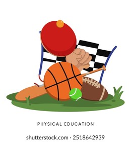 Ilustração vetorial plana colorida isolada no fundo branco sobre o conjunto de disciplinas escolares. Ícones de Educação Física para o currículo dos alunos. Basquete, beisebol, futebol, etc.