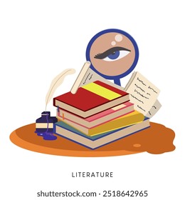 Colored flat vector illustration isolated on white background about school subjects set. Literature icons for students curriculum. Literature book, eye, reading, ink, and etc.