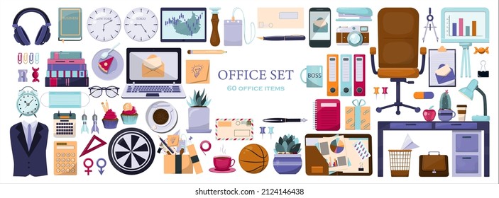 Colored flat vector office accessories. Big set with cartoon business icons. Modern templates cliparts for adds, business cards, banners, apps