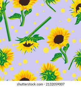 Colored flat vector seamless pattern of  sunflower. For cosmetic package design, medicinal herb, treating, half care, prints. Design element  for fabric, textile, clothing, wrapping paper, wallpaper