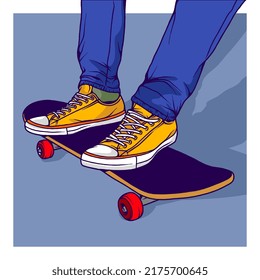 Colored flat vector skateboard illustration, skateboard vector line art isolated