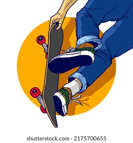 Colored flat vector skateboard illustration, skateboard vector line art isolated