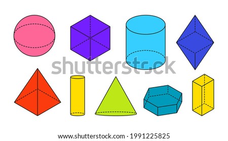 Colored flat volumetric basic geometric shapes. Black outline simple 3d figure with dashed invisible shape lines. Isometric views sphere, cube, cylinder, cone and other. Isolated vector illustration