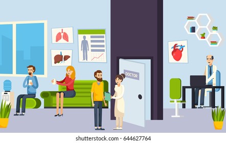 Colored flat waiting room in the clinic composition with patients and doctors vector illustration