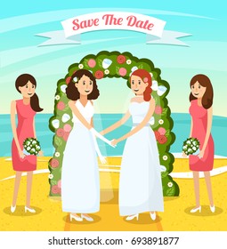 Colored and flat wedding people orthogonal composition with two women get married vector illustration