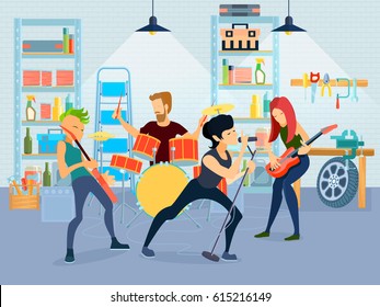 Colored flat young musicians composition four people playing guitar with band in garage vector illustration