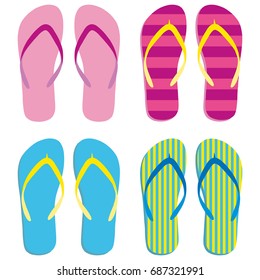 Colored flipflops set icon. Slippers icon. Flip flops Isolated blue, pink, yellow striped on white background. Vector illustration EPS10.