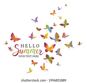 Colored flock of butterflies. Logo design template. Colorful silhouettes of flying butterflies. Vector illustration.