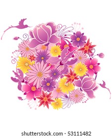 Colored floral background with blooming planet and birds