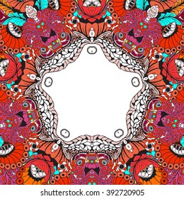 Colored floral circle pattern.Frame. Hand-drawn, ethnic, floral, retro, doodle, zen-tangle, design element. 