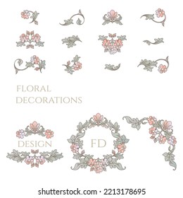Colored floral decor set. Contour drawing of flowers and leaves.Vintage frame, border, corner.