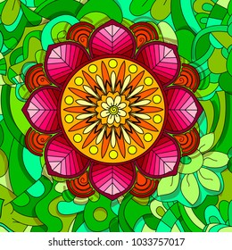 Colored floral design element in doodle line style. Decorative composition with flowers, leaves and swirls. Elegant natural motif. Coloring book page. Vector contour illustration.