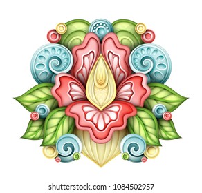 Colored Floral Design Element in Doodle Line Style. Decorative Composition with Flowers, Leaves and Swirls. Elegant Natural Motif. Realistic Ornaments. Vector 3d Illustration. Abstract Ornate Art