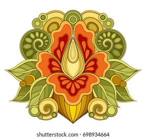 Colored Floral Design Element in Doodle Line Style. Decorative Composition with Flowers, Leaves and Swirls. Elegant Natural Motif. Coloring Book Page. Vector Contour Illustration. Abstract Ornate Art