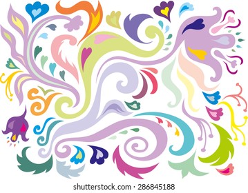 Colored floral elements on a white background