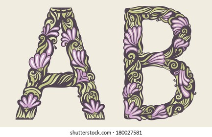 Colored floral font. Letters A, B. Vector illustration