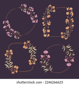 Colored floral frame set. Hand drawn  line border, leaves and flowers, wedding invitation and cards, logo design and posters template. Elegant minimal style floral vector isolated set