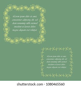Colored Floral Frames with Sample Text. Frame Made of Yellow Chamomille Flowers and Four Petals Flowers, Placed on the Light Green Background. Spring Theme Vector