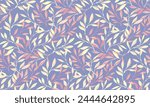 Colored floral leaf branches intertwined in a seamless pattern. Abstract, artistic forest leaves stems on a violet background. Nature botanical patterned. Vector hand drawn. Template for designs