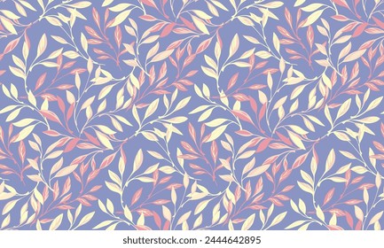 Ramas de hojas florales de colores entrelazadas en un patrón sin fisuras. El bosque Abstractas y artístico deja subgrupos sobre un fondo violeta. Naturaleza con patrón botánico. Vector dibujado a mano. Plantilla para diseños