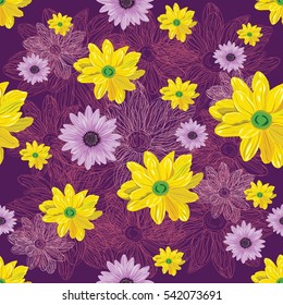 Colored floral pattern with yellow and violet flowers. Seamless pattern with lined and colored flowers on violet background.
