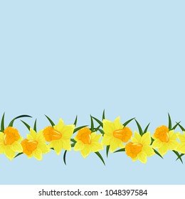 Colored floral seamles pattern with flowers in botanical style on a white background. Seamless line narcissus. Stock line vector illustration.