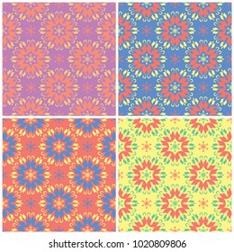 Colored floral seamless backgrounds. Set of bright patterns with flower elements for wallpapers, textile and fabrics