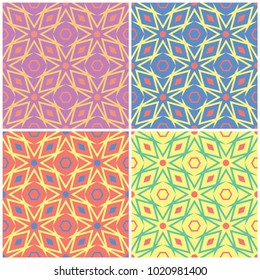 Colored floral seamless backgrounds. Set of bright patterns with geometric elements for wallpapers, textile and fabrics