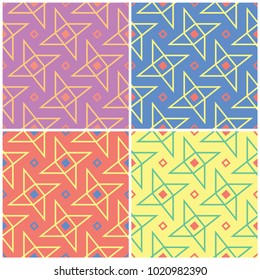 Colored floral seamless backgrounds. Set of bright patterns with geometric elements for wallpapers, textile and fabrics