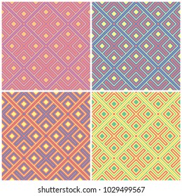Colored floral seamless backgrounds. Set of bright patterns with geometric elements for wallpapers, textile and fabrics