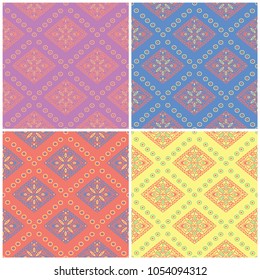 Colored floral seamless backgrounds. Set of bright patterns with geometric elements for wallpapers, textile and fabrics