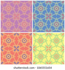 Colored floral seamless backgrounds. Set of bright patterns with geometric elements for wallpapers, textile and fabrics