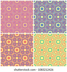 Colored floral seamless backgrounds. Set of bright patterns with geometric elements for wallpapers, textile and fabrics