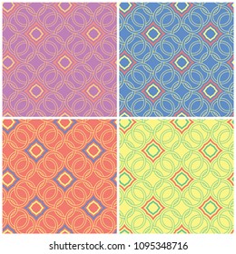Colored floral seamless backgrounds. Set of bright patterns with geometric elements for wallpapers, textile and fabrics
