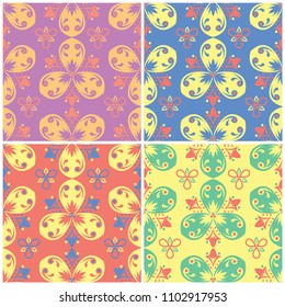 Colored floral seamless backgrounds. Set of bright patterns with flower elements for wallpapers, textile and fabrics