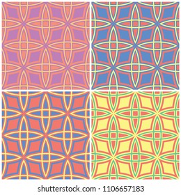Colored floral seamless backgrounds. Set of bright patterns with geometric elements for wallpapers, textile and fabrics