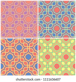 Colored floral seamless backgrounds. Set of bright patterns with geometric elements for wallpapers, textile and fabrics