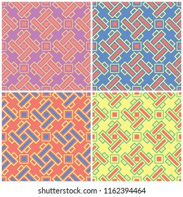 Colored floral seamless backgrounds. Set of bright patterns with geometric elements for wallpapers, textile and fabrics