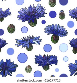 Colored floral seamless pattern with cornflowers. Blue isolated hand drawn cornflowers with dark stroke on white background. Decorative stylized summertime pattern.