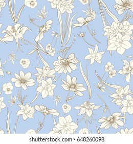 Colored floral seamless pattern with flowers in vintage style. Stock line vector illustration.