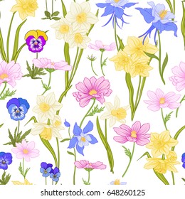 Colored floral seamless pattern with flowers in botanical style on a white background. Stock line vector illustration.