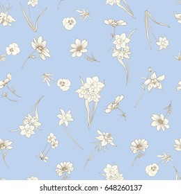 Colored floral seamless pattern with flowers in vintage style. Stock line vector illustration.