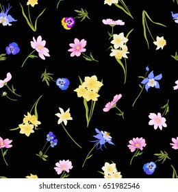 Colored floral seamless pattern with flowers in botanical style on a black background. Stock line vector illustration.

