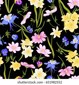 Colored floral seamless pattern with flowers in botanical style on a black background. Stock line vector illustration.

