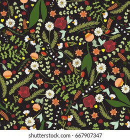 Colored floral seamless pattern with lily, purslane and daisy