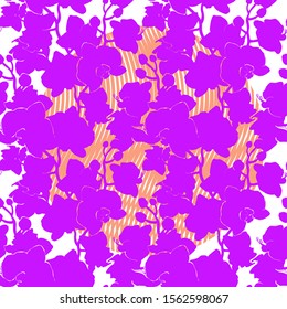 Colored floral seamless pattern with silhouettes of tropical flowers Orchids, Phalaenopsis drawn by hand on white backdrop. For floristic design, wrapping paper, package, banners, home textile.